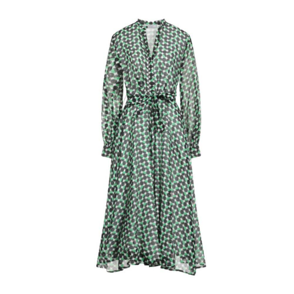 NWT Marella Gabbia Midi Dress Womens 4 Green V-Neck Print 3/4 Sleeve Cotton NEW